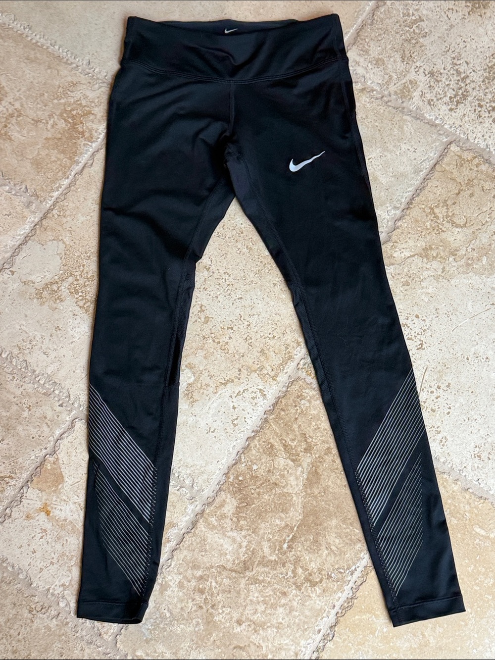 Nike Black Leggings with White Swoosh and Reflective Stripe Panels